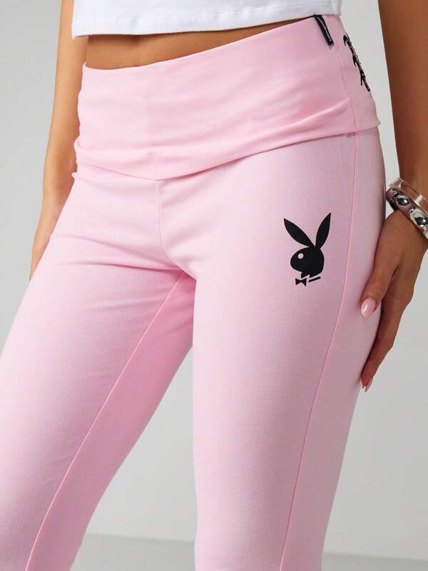 Missguided X Playboy High Waisted Embroidered Flare Pants With Logo