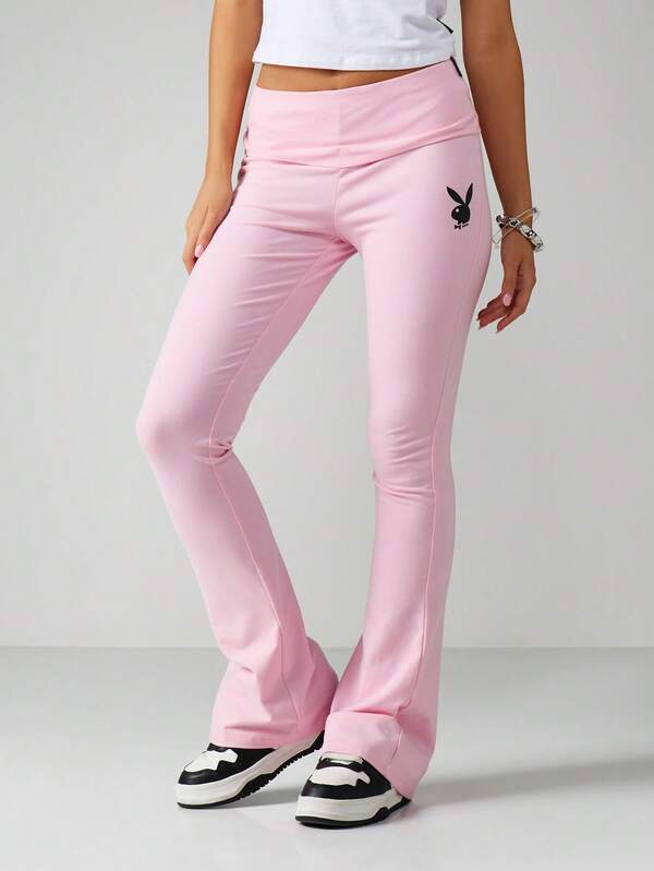 Missguided x Playboy High Waisted Embroidered Flare Pants With Logo