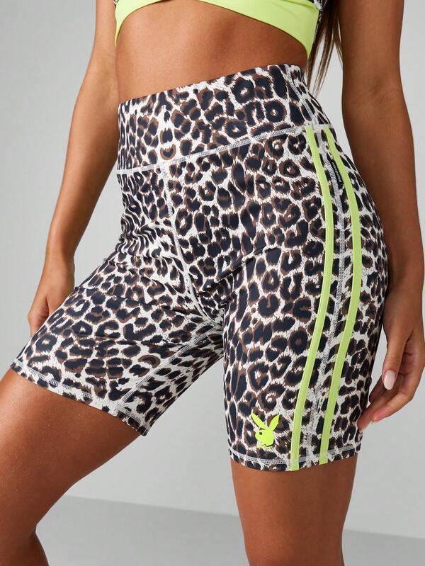 Missguided x Playboy High Waisted Leopard Print Cycling Shorts With Neon Trim