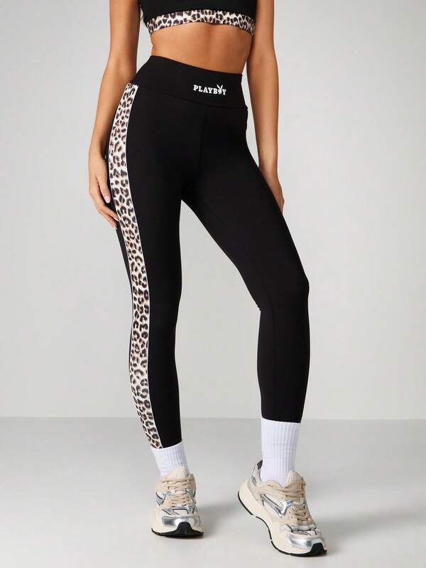 Missguided x Playboy High Waisted Leopard Print Side Stripe Leggings