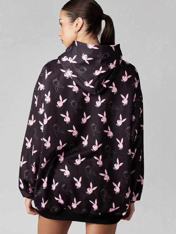 Missguided X Playboy Hooded Sweatshirt Dress With Allover Bunny Print