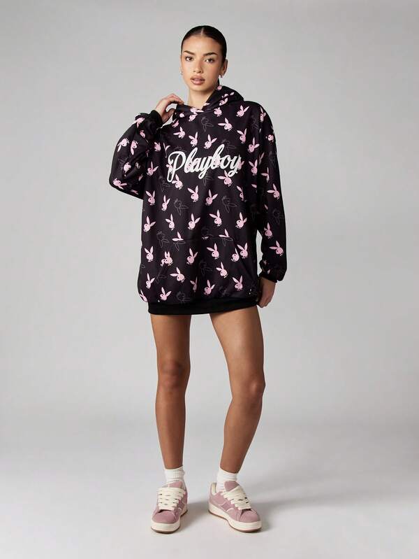 Missguided X Playboy Hooded Sweatshirt Dress With Allover Bunny Print