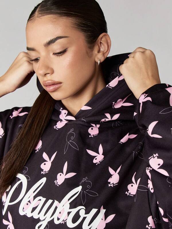 Missguided X Playboy Hooded Sweatshirt Dress With Allover Bunny Print