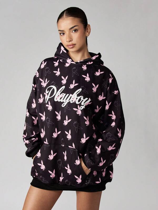 Missguided x Playboy Hooded Sweatshirt Dress With Allover Bunny Print