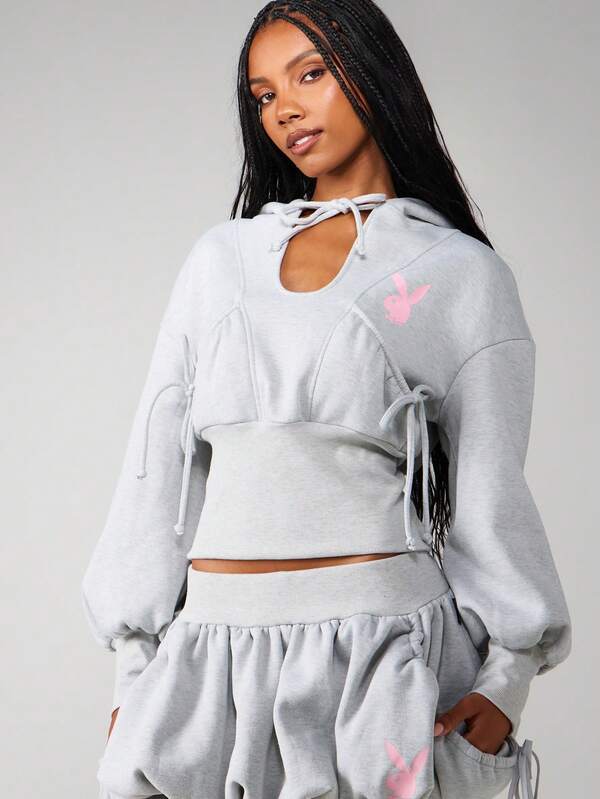 Missguided X Playboy Hooded Sweatshirt With Print And Drawstring