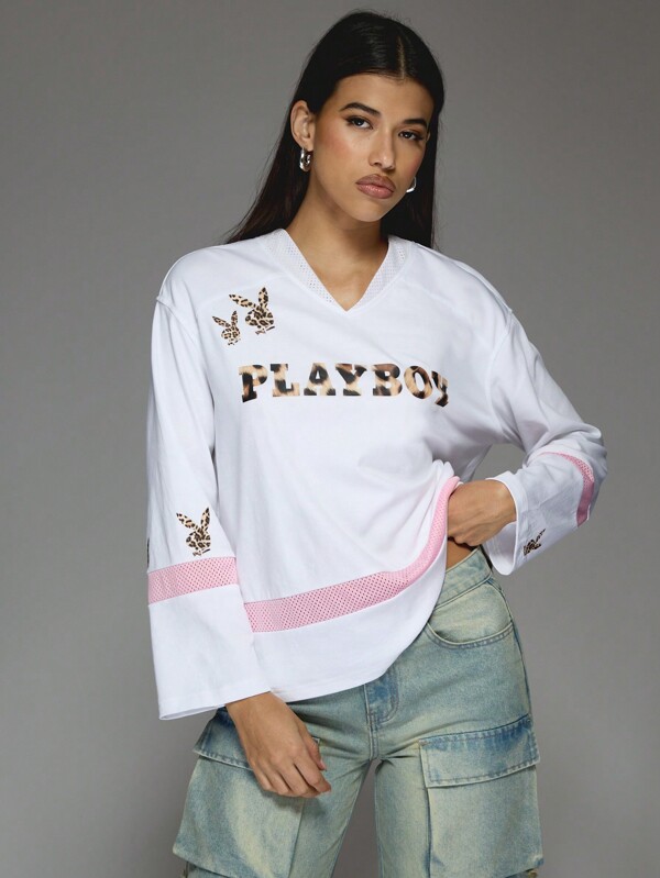 Missguided x Playboy Jersey V Neck T Shirt With Leopard Logo Print