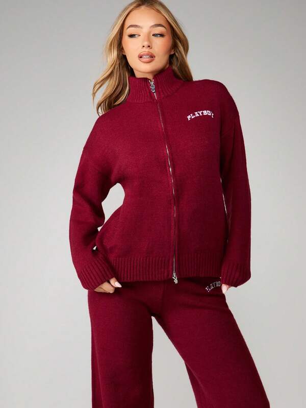 Missguided X Playboy Knit Zip Up Cardigan With Wide Leg Trousers