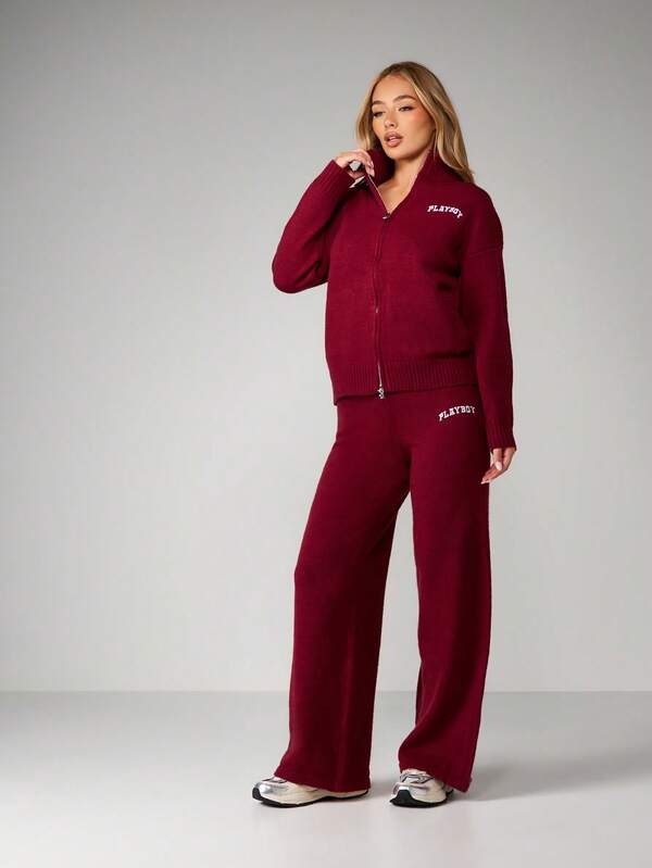 Missguided X Playboy Knit Zip Up Cardigan With Wide Leg Trousers