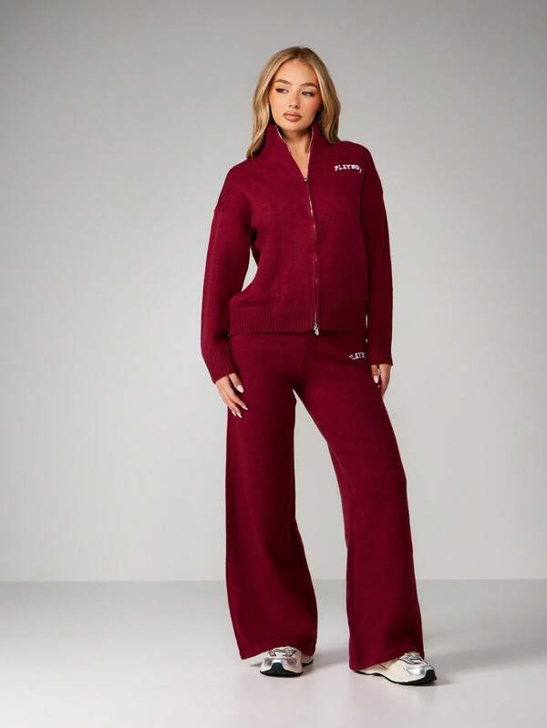 Missguided x Playboy Knit Zip Up Cardigan With Wide Leg Trousers