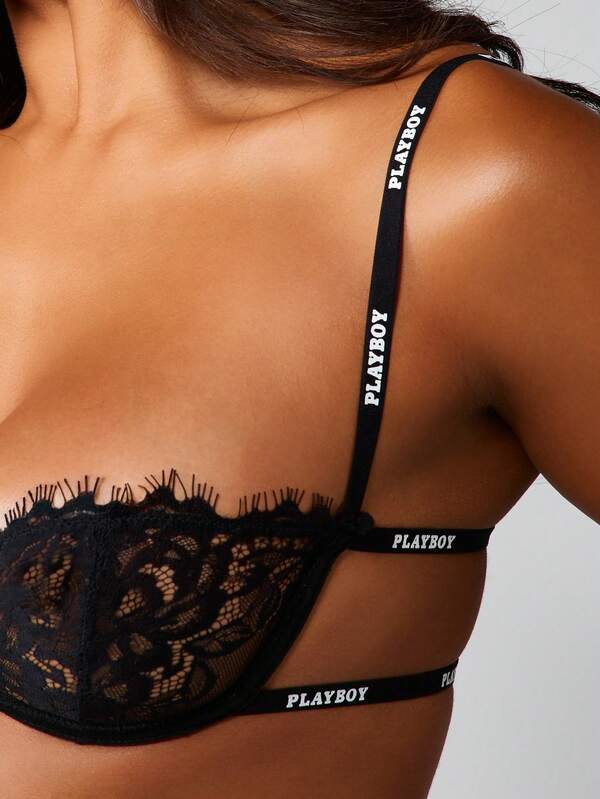 Missguided X Playboy Lace Bra And Panty Set With Logo Tape