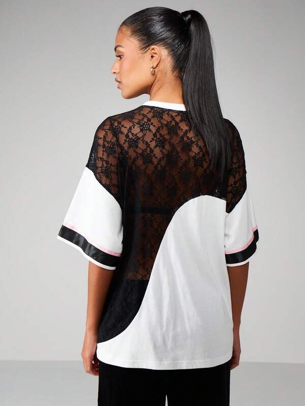 Missguided X Playboy Lace Mesh Color Block T-Shirt With Bunny Logo
