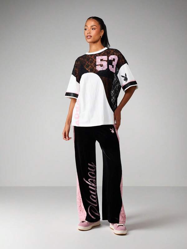 Missguided X Playboy Lace Mesh Color Block T-Shirt With Bunny Logo