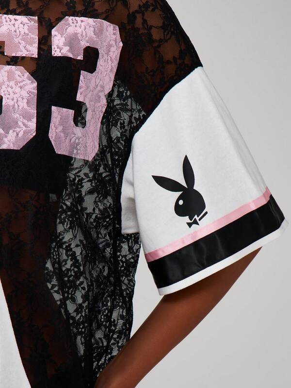 Missguided X Playboy Lace Mesh Color Block T-Shirt With Bunny Logo