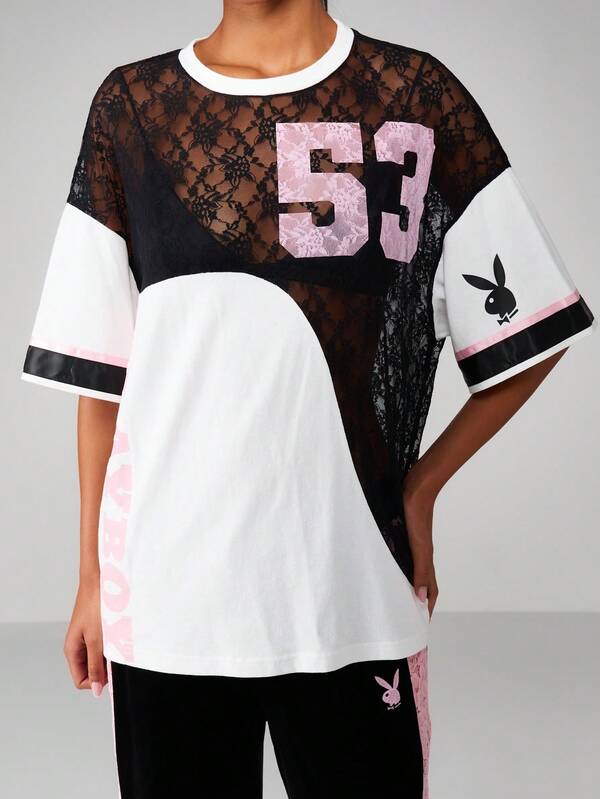 Missguided x Playboy Lace Mesh Color Block T-Shirt With Bunny Logo