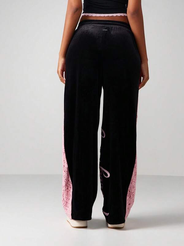 Missguided X Playboy Lace Panel Velvet Wide Leg Joggers