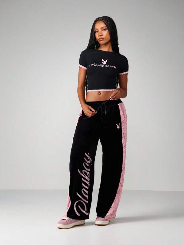 Missguided X Playboy Lace Panel Velvet Wide Leg Joggers