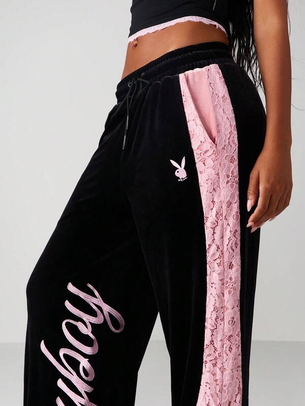 Missguided X Playboy Lace Panel Velvet Wide Leg Joggers