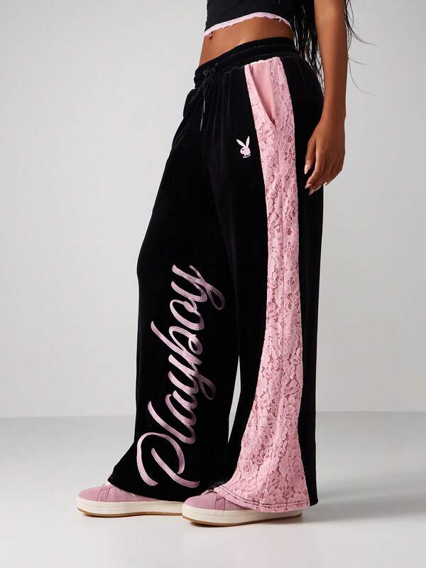 Missguided x Playboy Lace Panel Velvet Wide Leg Joggers