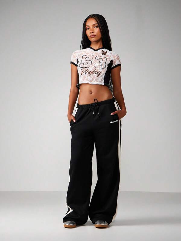 Missguided X Playboy Lace Panelled Football Baby Tee With Rhinestones