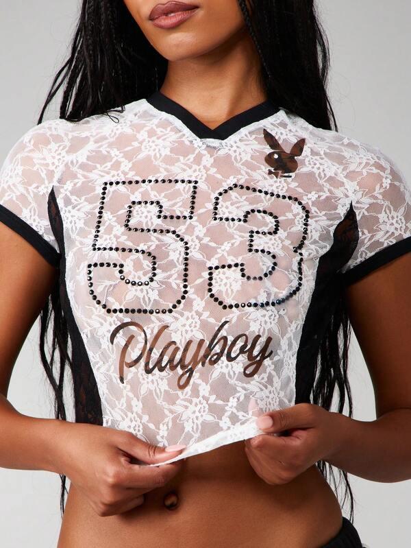 Missguided x Playboy Lace Panelled Football Baby Tee With Rhinestones