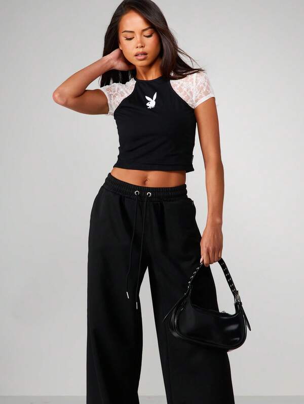 Missguided X Playboy Lace Sleeve Crop Top With Bunny Print