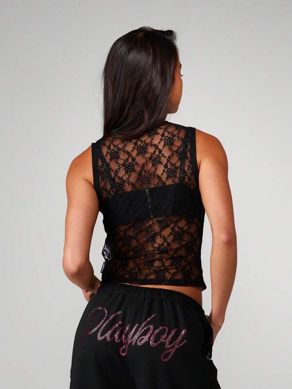 Missguided X Playboy Lace Tank Top With Rhinestone Logo