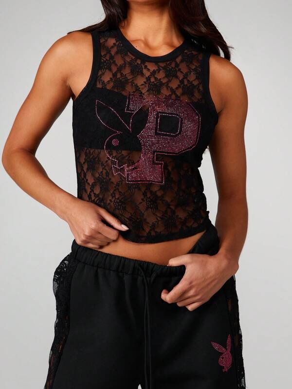 Missguided x Playboy Lace Tank Top With Rhinestone Logo