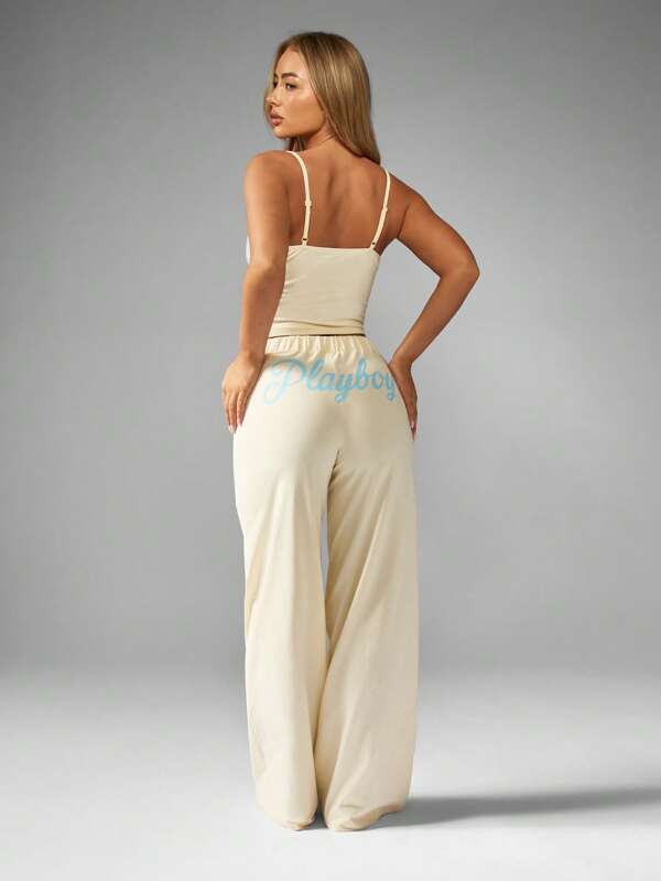 Missguided X Playboy Lace Trim Cami And Wide Leg Pajama Set With Bow Detail