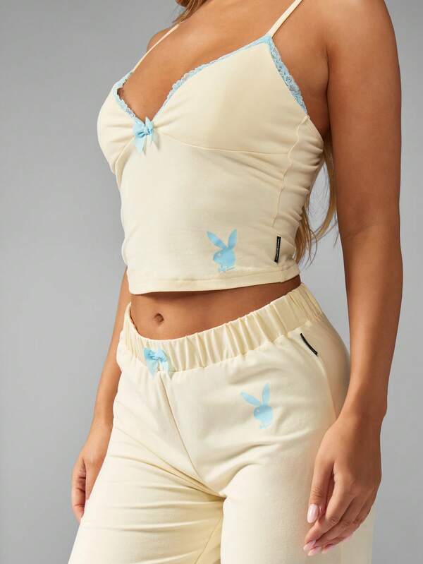 Missguided X Playboy Lace Trim Cami And Wide Leg Pajama Set With Bow Detail