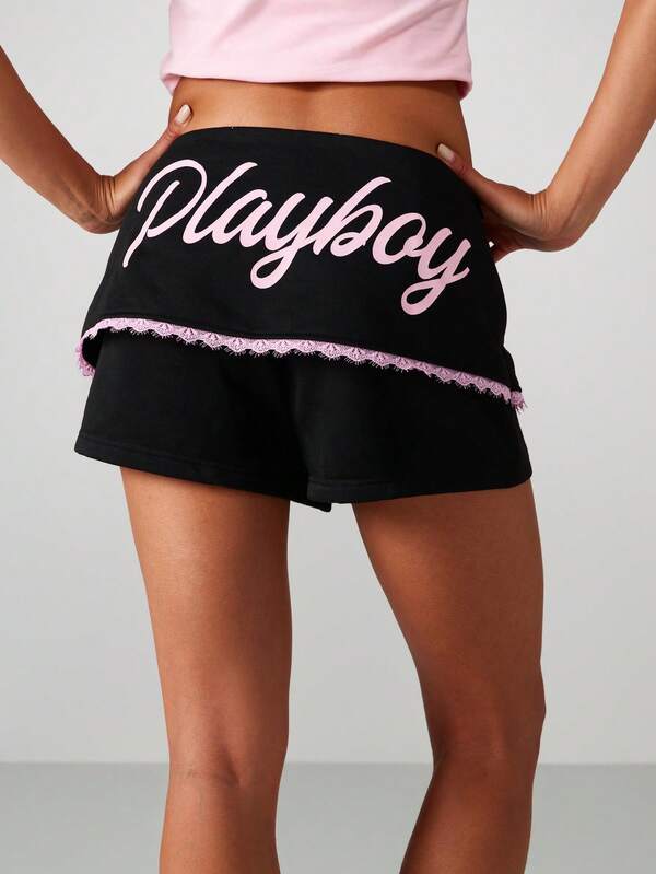 Missguided X Playboy Lace Trim Hot Pants With Bunny Logo