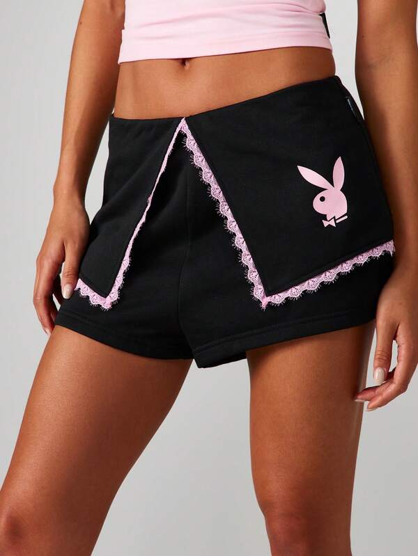 Missguided x Playboy Lace Trim Hot Pants With Bunny Logo