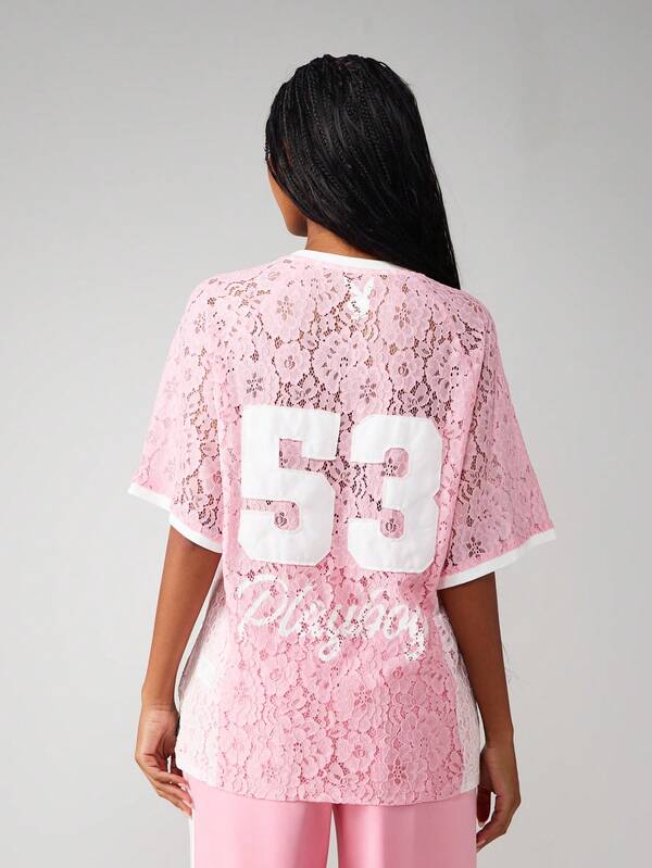 Missguided X Playboy Lace V-Neck T-Shirt With Number Print