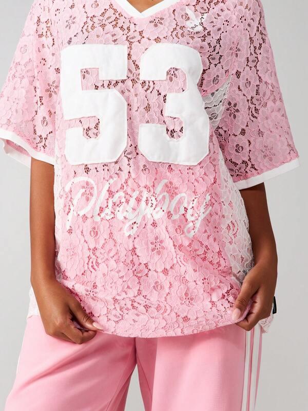 Missguided X Playboy Lace V-Neck T-Shirt With Number Print