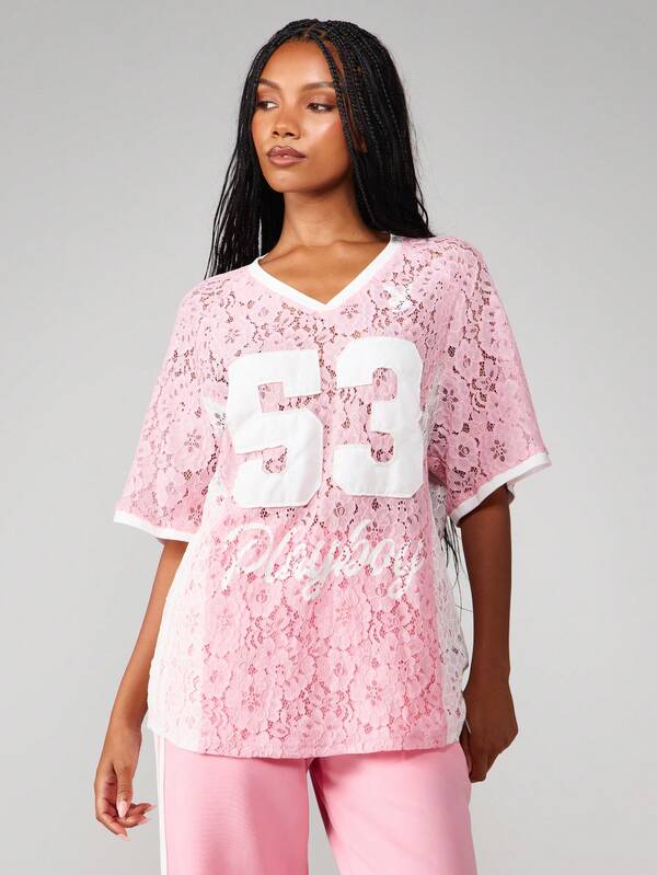 Missguided x Playboy Lace V-Neck T-Shirt With Number Print