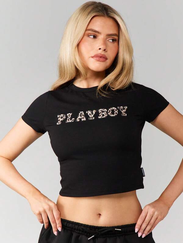 Missguided X Playboy Leopard Print Applique Baby Tee With Letter Design