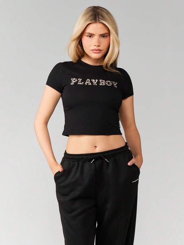 Missguided x Playboy Leopard Print Applique Baby Tee With Letter Design