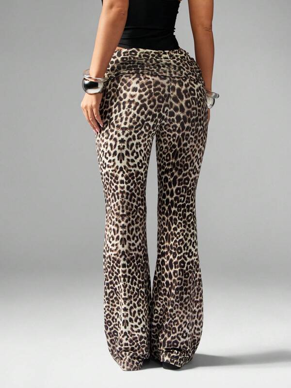 Missguided X Playboy Leopard Print Bell Bottom Leggings With Fold Over Waist