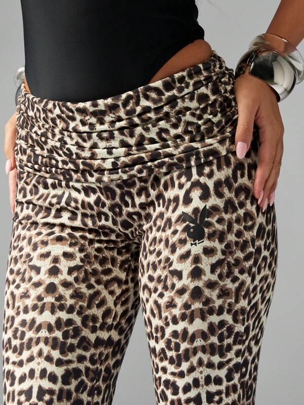 Missguided X Playboy Leopard Print Bell Bottom Leggings With Fold Over Waist