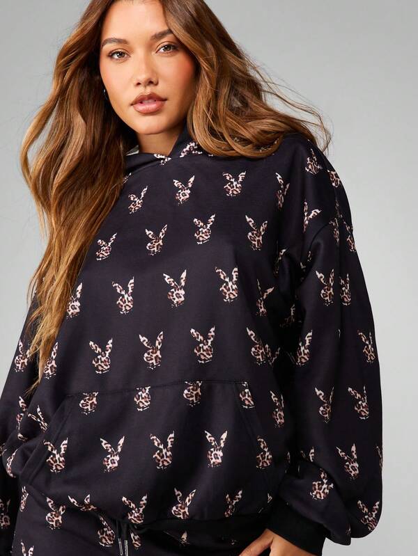 Missguided X Playboy Leopard Print Bunny Head Long Sleeve Hoodie