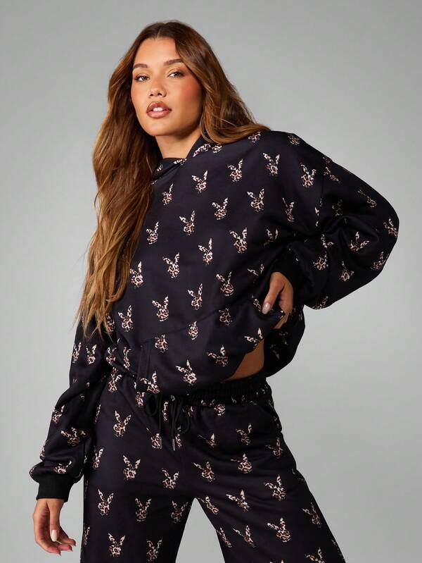 Missguided X Playboy Leopard Print Bunny Head Long Sleeve Hoodie