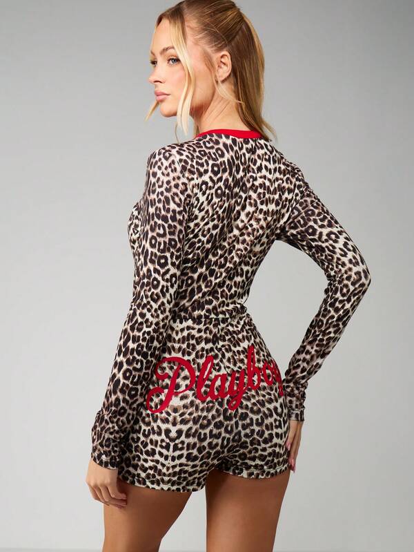 Missguided X Playboy Leopard Print Button Down Long Sleeve Romper With Red Trim