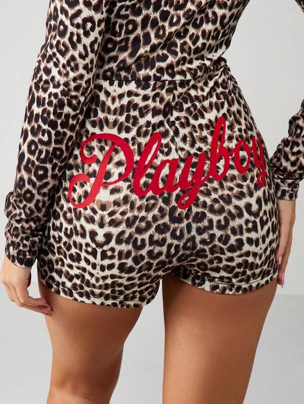 Missguided X Playboy Leopard Print Button Down Long Sleeve Romper With Red Trim