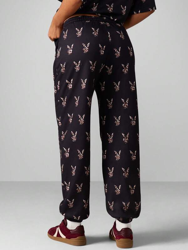 Missguided X Playboy Leopard Print Cuffed Joggers With Elastic Waist