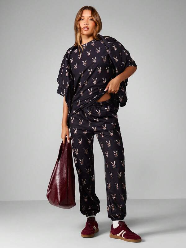 Missguided X Playboy Leopard Print Cuffed Joggers With Elastic Waist