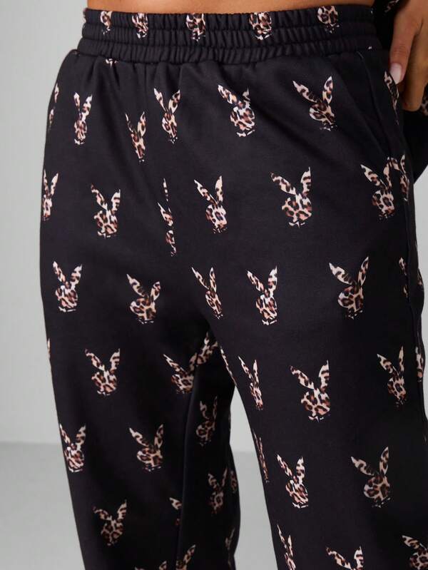 Missguided X Playboy Leopard Print Cuffed Joggers With Elastic Waist