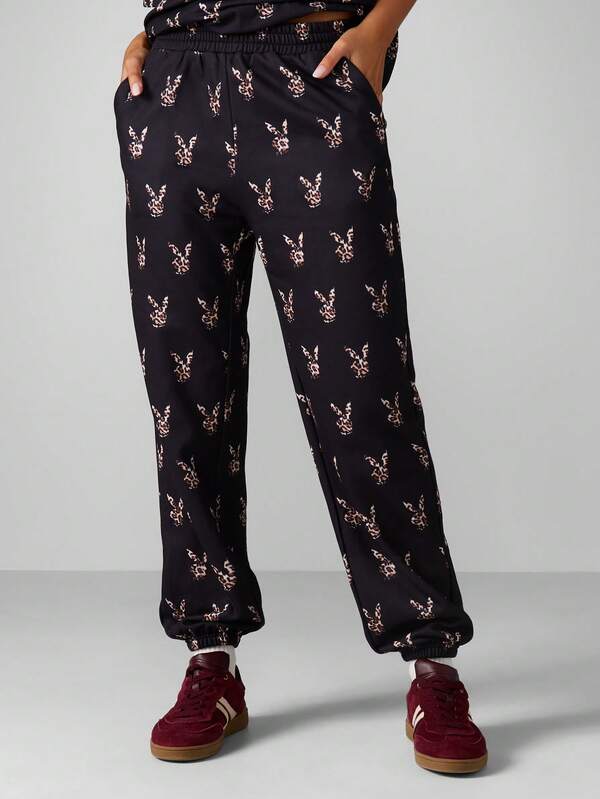 Missguided x Playboy Leopard Print Cuffed Joggers With Elastic Waist