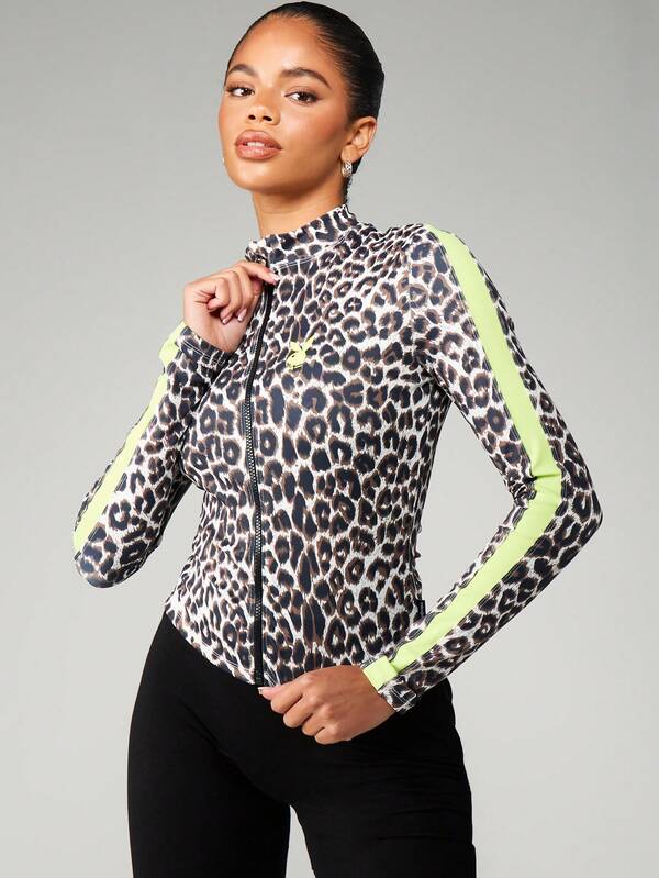 Missguided x Playboy Leopard Print Full Zip Track Jacket