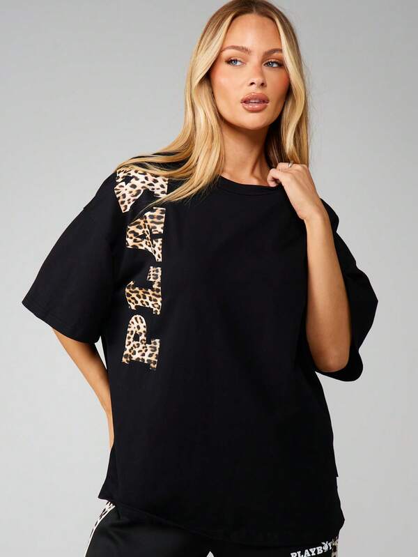 Missguided x Playboy Leopard Print Graphic Oversized T-Shirt