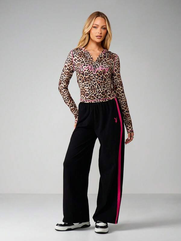 Missguided X Playboy Leopard Print Long Sleeve Button Top With Contrast Details