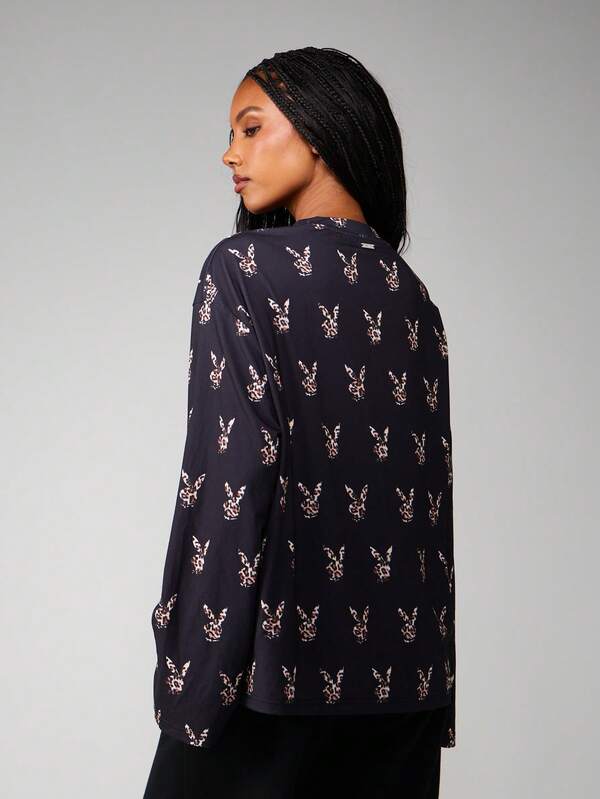 Missguided X Playboy Leopard Print Long Sleeve Crew Neck Top